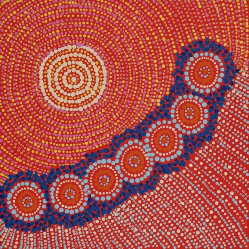Valma Nakamarra White, “Napaljarri-warnu Jukurrpa (Seven Sisters Dreaming)”, Acrylic on Linen, 30x30cm, NG7563