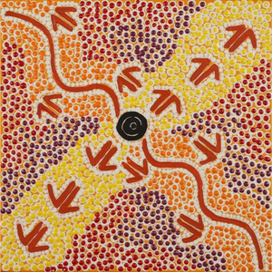 Jereline Nungarrayi Brown, “Mala Jukurrpa (Rufous Hare-wallaby Dreaming)”, Acrylic on Linen, 30x30cm, NG7546