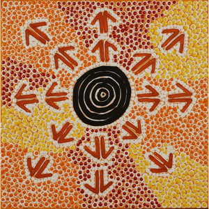 Jereline Nungarrayi Brown, “Mala Jukurrpa (Rufous Hare-wallaby Dreaming)”, Acrylic on Linen, 30x30cm, NG7547