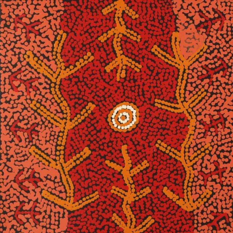Theo (Faye) Nangala Hudson, “Warlukurlangu Jukurrpa (Fire country Dreaming)”, Acrylic on Linen, 30x30cm, NG7787