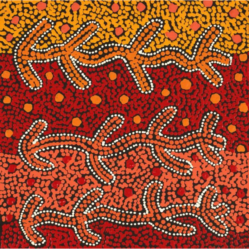 Theo (Faye) Nangala Hudson, “Warlukurlangu Jukurrpa (Fire country Dreaming)”, Acrylic on Linen, 30x30cm, NG7788