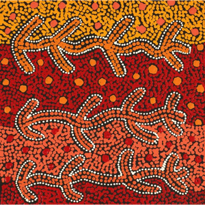 Theo (Faye) Nangala Hudson, “Warlukurlangu Jukurrpa (Fire country Dreaming)”, Acrylic on Linen, 30x30cm, NG7788