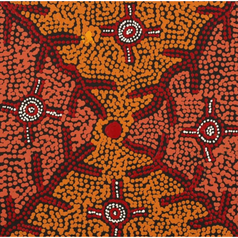 Theo (Faye) Nangala Hudson, “Warlukurlangu Jukurrpa (Fire country Dreaming)”, Acrylic on Linen, 30x30cm, NG7789