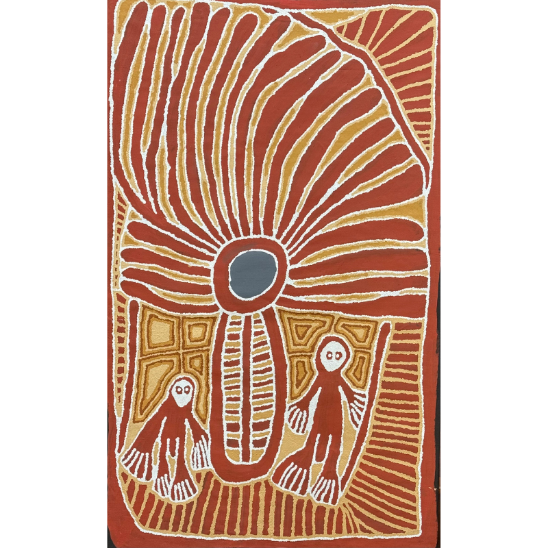 Tjunkiya Wakula Napaltjarri (aka Linda Syddick), “Rain for the Thirsty Emu Men", Acrylic on Linen, 152x90cm, NG7846