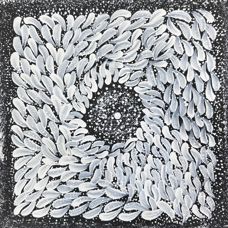 Violet Napurrurla Malbunka, “Warlukurlangu Jukurrpa (Fire Country Dreaming)”, Acrylic on Linen, 30x30cm, NG7875