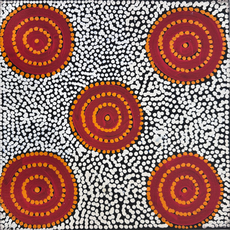 Diona Nakamarra Williams, “Napaljarri-warnu Jukurrpa (Seven Sisters Dreaming)”, Acrylic on Linen, 30x30cm, NG7876