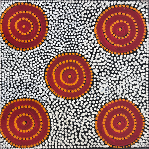 Diona Nakamarra Williams, “Napaljarri-warnu Jukurrpa (Seven Sisters Dreaming)”, Acrylic on Linen, 30x30cm, NG7876